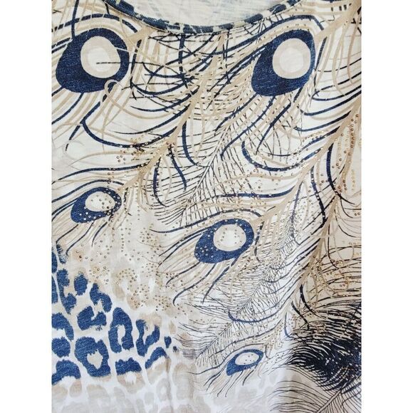 Chico's 3 Cotton T-Shirt Top 3/4 Slv. Tan Blue Peacock Feathers Beaded Cotton - Picture 4 of 7